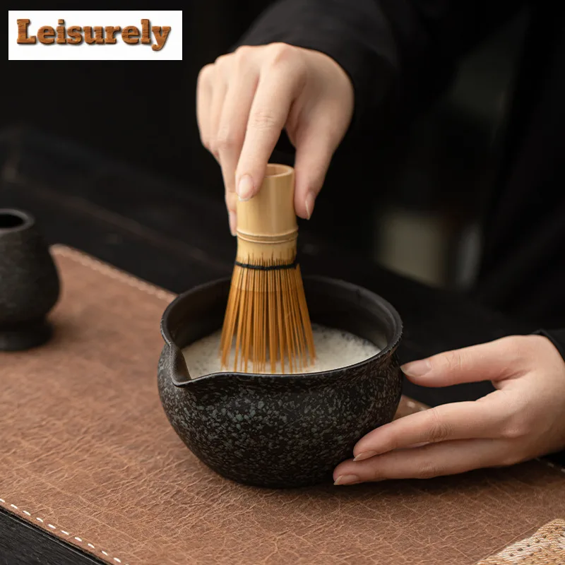 2pc Japanese Zen Black Stone Pattern Matcha Tea Ceremony Ceramic Matcha Bowl Tea Rimmed Tea Brush Holder Tea Point Accessories