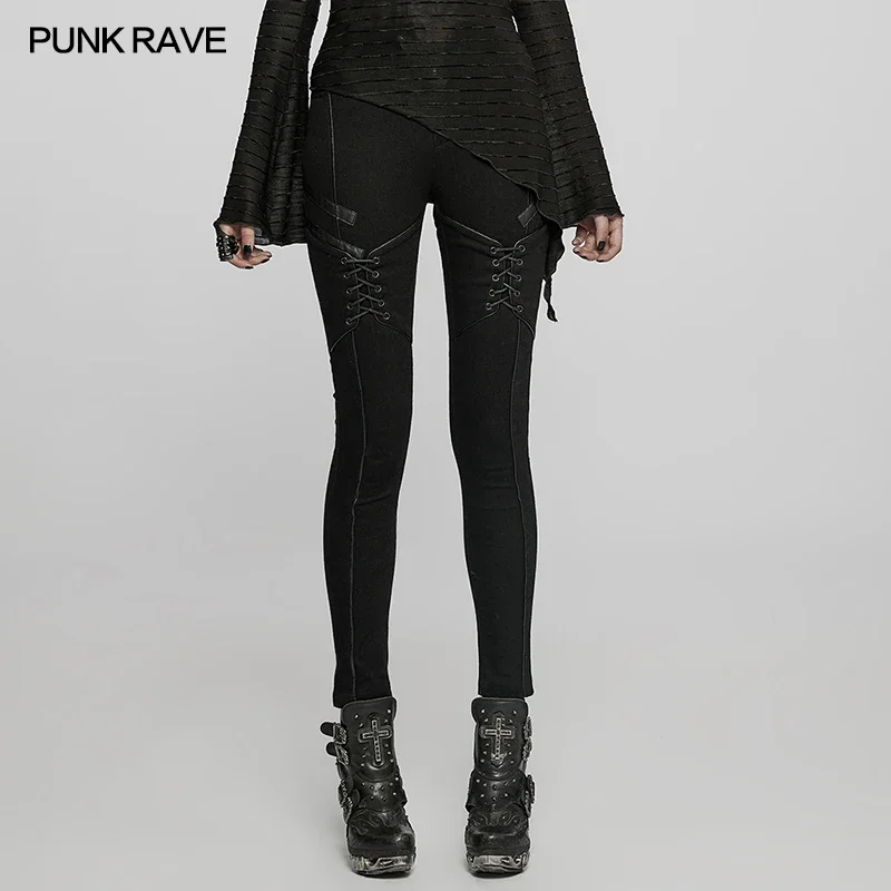 PUNK RAVE Women\'s Punk Daily Tight Fit Jeans Spliced Faux Leather Personality Black Pants Women Drawstring Design
