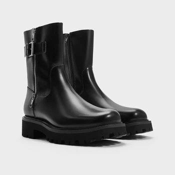 FWRD Women's Leather Round-Toe Chunky Biker Ankle Boots with Zip & Buckle, Comfortable Daily Streetwear Shoes #FWRD000239