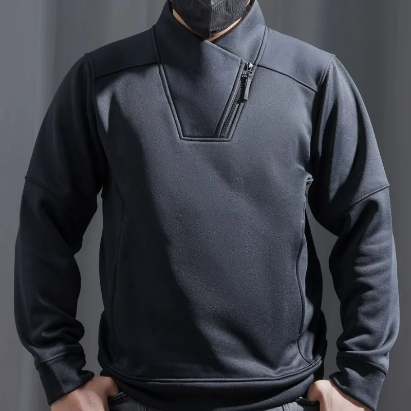 

Men Streetwear Fashion Tactical T-Shirt Autumn Winter Zipper Stand Collar Long Sleeve Solid Fleece Thick Warm Outdoor Sports Top