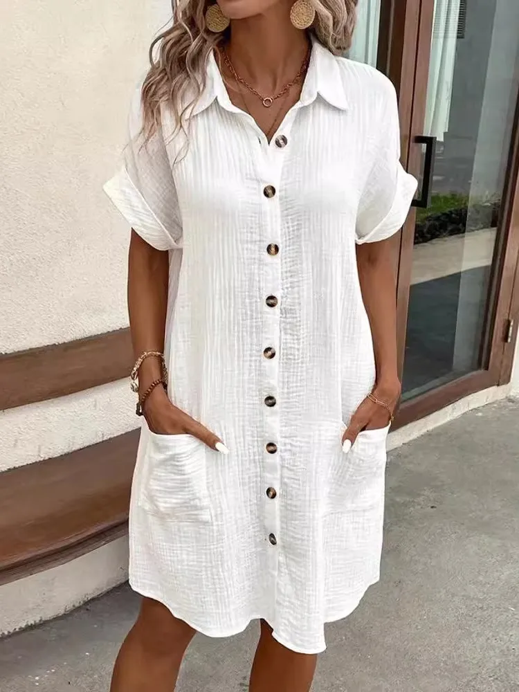 

Summer Solid Simple Short Sleeve Shirt Dress Women's Turn-down Collar Single Breasted Casual Elegant Ladies Loose Dresses