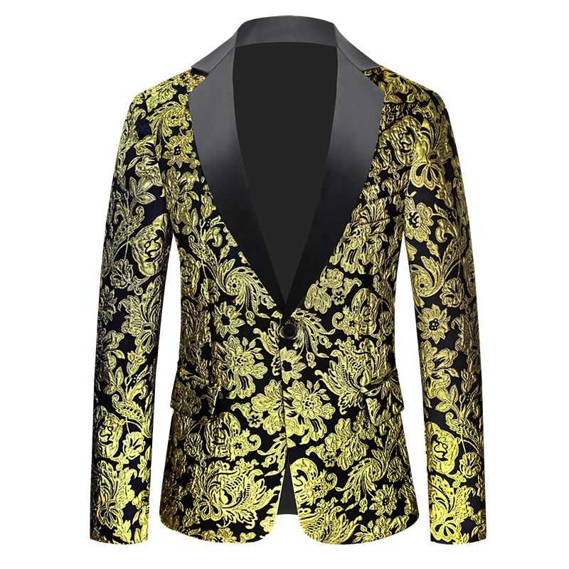 Men Floral Jacquard Blazer Fashion Slim Fit Costume Male Wedding Groom Party Tuxedo Dress Gold Jacquard Bronzing Floral Blazer