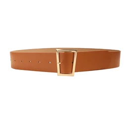Women's Ultra - Wide Fashion Waist Belt with Rectangular Metal Accents - 110cm (Camel)