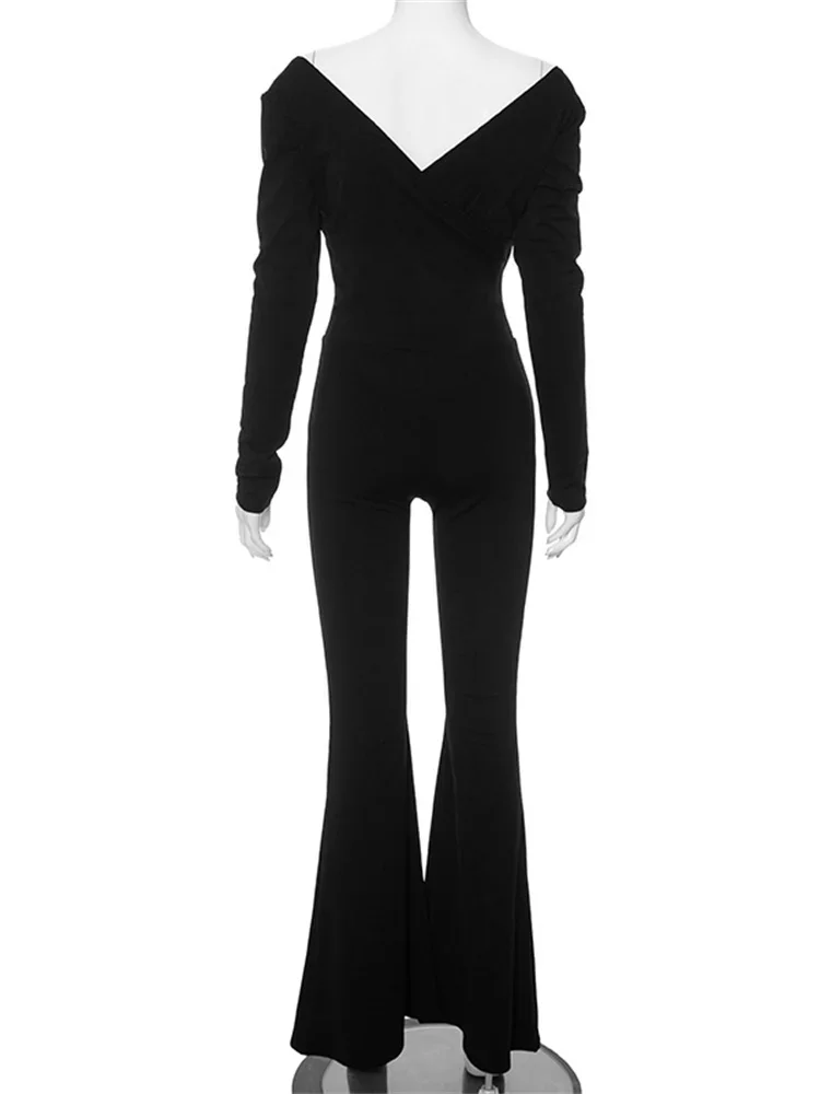 Tossy Off-Shoulder Slim Black Rompers For Women Trousers Straight High Waist Fashion Patchwork Long Sleeve Jumpsuit Streetwear