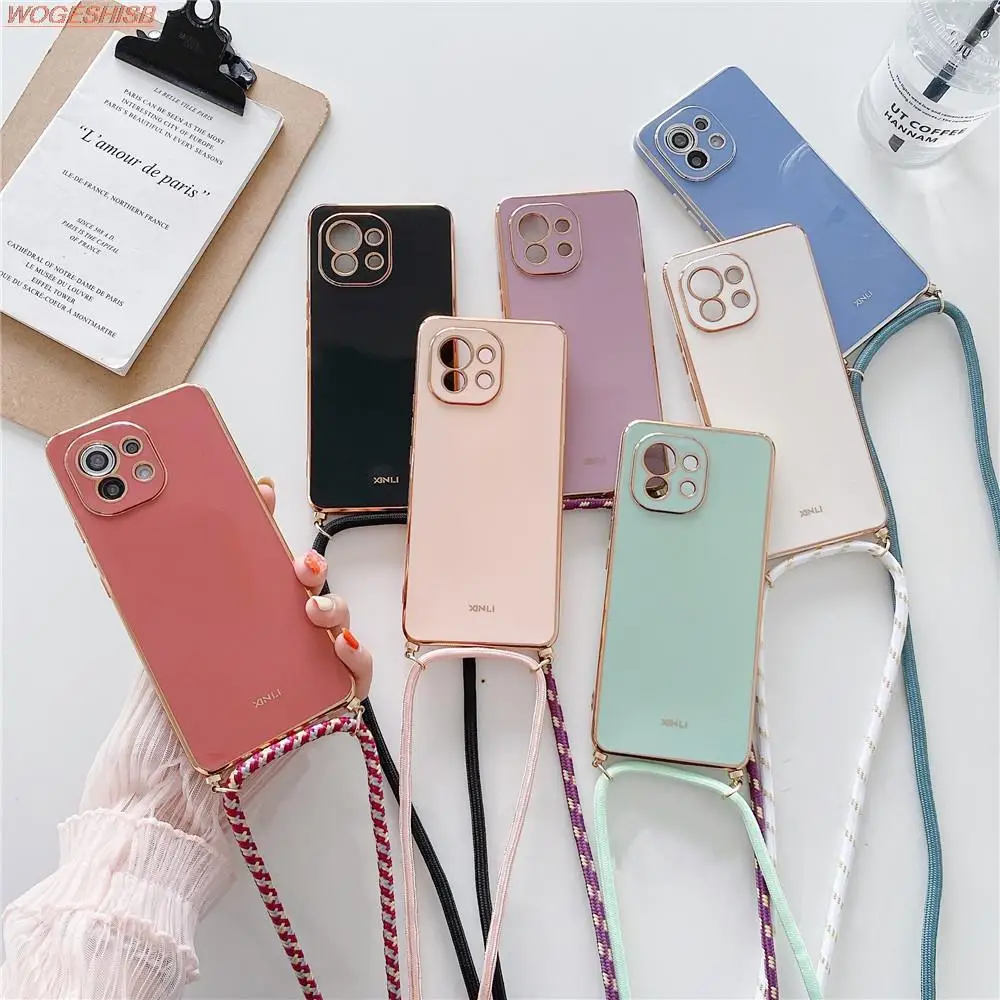 

Crossbody Lanyard Necklace Plating Phone Case For Xiaomi Poco C31 X3 NFC F3 GT M2 M3 M4 X2 X4 Redmi K20 K30 K40 K50 Pro Cover