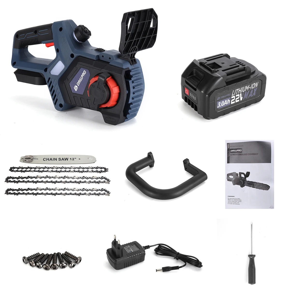 Drillpro 12 Inch Cordless Brushless Motor Electric Chainsaw with 1500mAh Lithium Battery EU Plug for Mak Batteries for Garden