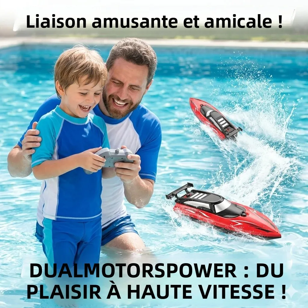 Batteries et télécommande du bateau RC 3502-2 présentés à côté du modèle