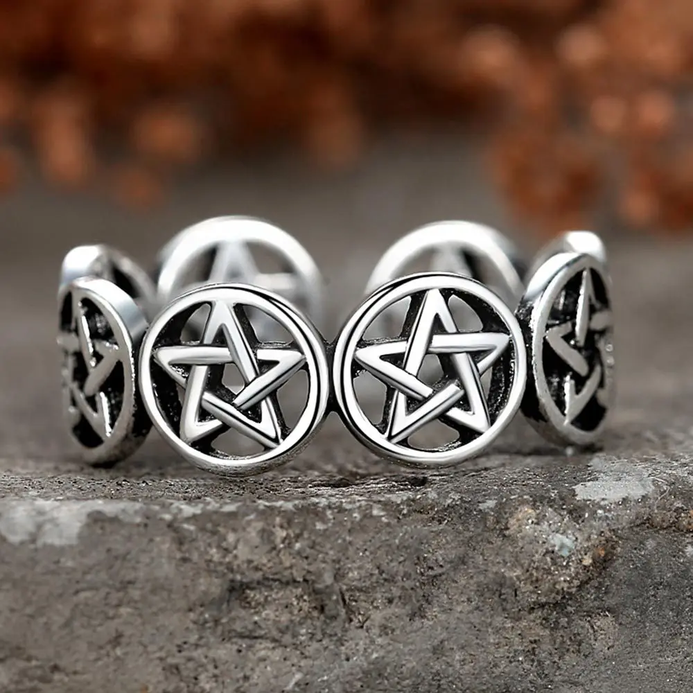 

Punk Vintage Star Pentagram Thai Silver Color Finger Ring for Women Mens Retro Korean Hollow Ring Adjustable Tibetan Jewelry