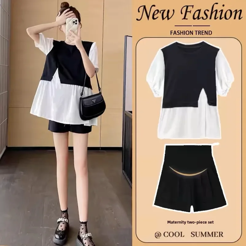 Elegant Slimming Maternity Two-piece Suit Top Loose-fit Shorts Summer Petite Size Fashionable Style Belly Covering Clothing