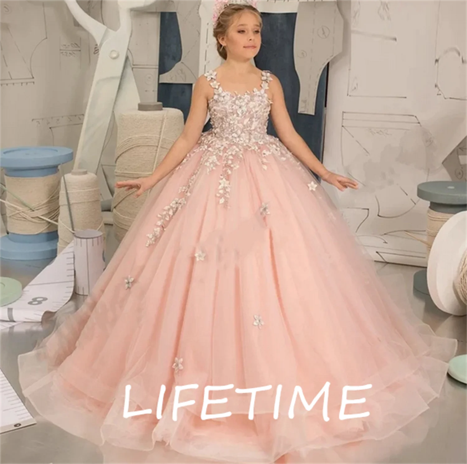 

Peach Pink Tulle Princess Dress Lace Puffy Flower Girl Dresses Cute Girl Birthday Dress Wedding Party Dress Baby Dress