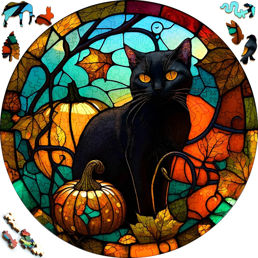 Mysterious Black Cat Wooden Puzzle For Adults Wooden Crafts Colorful And Round Shaped Animal Puzzle Wood Craft Toys For Family wooden irregular animal cat puzzl toy jigsaw animal puzzles for adults kids unique cat shape wood puzzles for family friend