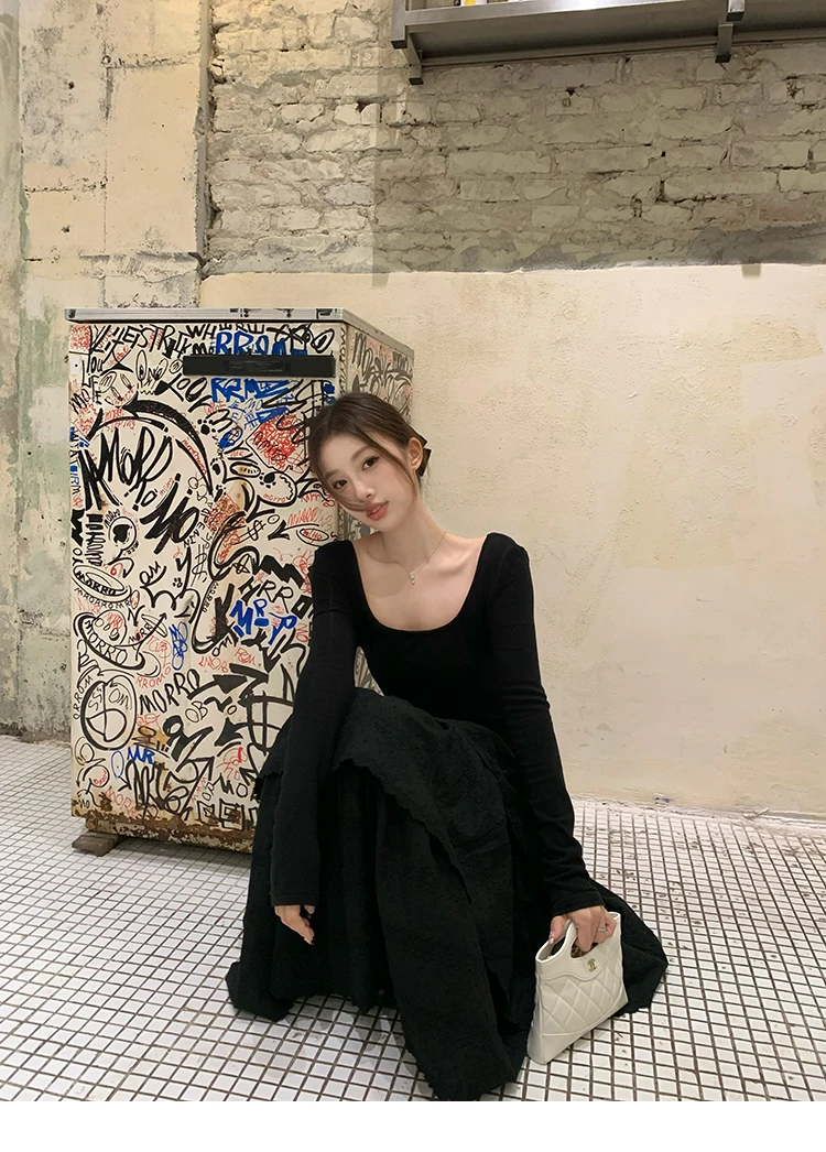 Autumn New Cake Midi Dresses for Women Solid Long Sleeve U-neck Backless A-line Korean Fashion Casual One Piece Vestidos Mujer