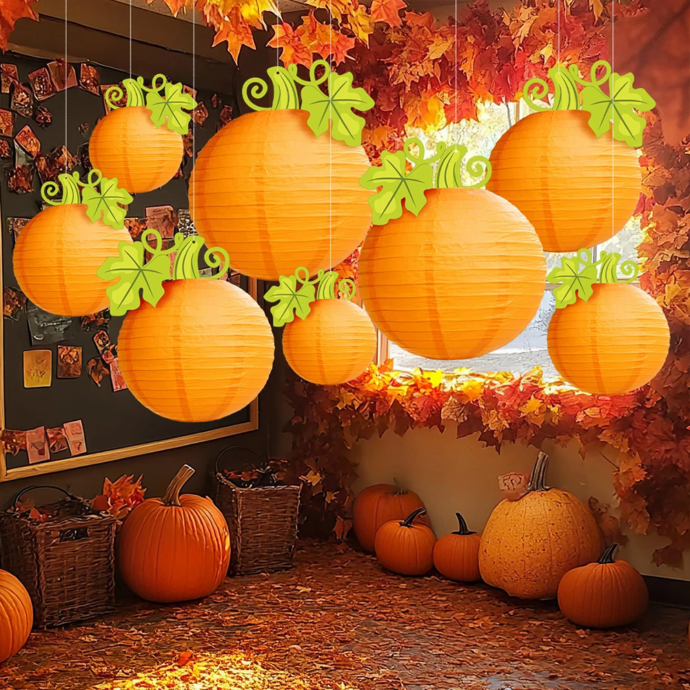 1Pc Halloween Pumpkin Lantern Hanging Orange Pumpkin Paper Round Lantern for Harvest Fall Halloween Indoor Outdoor Decor