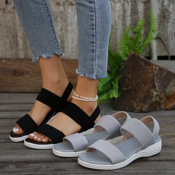 Women's Knit Elastic Cloth Wedge Sandals Slip on Lightweight Walking Sandals Ladies Plus Size Comfortable Summer Shoes for Women