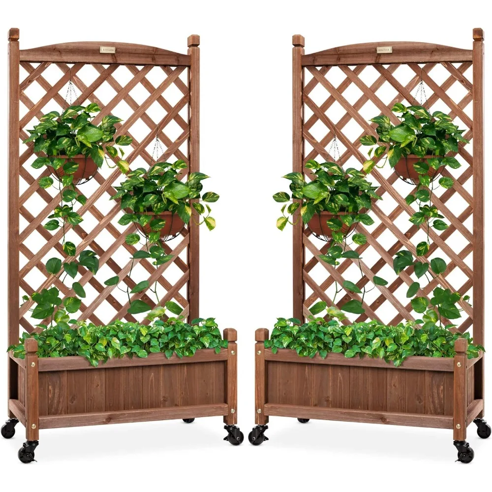 

Set of 2 48in Wood Planter Box & Diamond Lattice Trellis, Mobile Outdoor Raised Garden Bed for Climbing Plants w/Drainage Holes