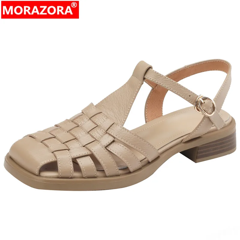 

MORAZORA 2024 New Vintage Ladies Buckle Dress Shoes Genuine Leather Slingbacks Sandals Woman Square Med Heels Sandals