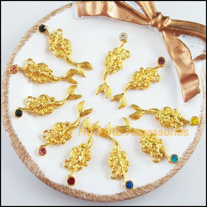 

Fashion 10Pcs Gold Color Animal Mermaid Mixed Crystal Charms Pendants 10.5x32mm