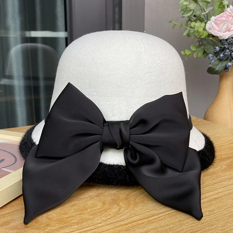 Formal Wide Brim White Black Bow Fedora Hat Band Wool Felt Floppy Ladies Wedding Church Hat Bowler Trilby Hat 2