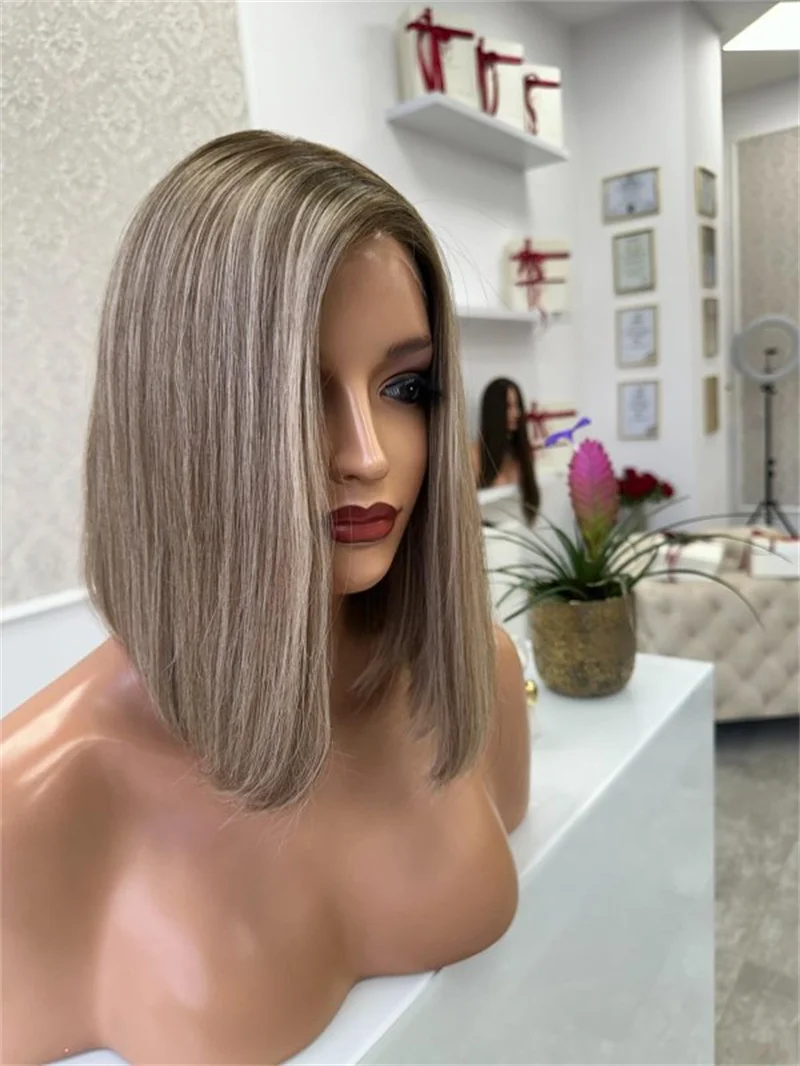 Glueless Short Bob Cut Ash Blonde Lace Frontal Wig Highlights Transparent HD Synthetic Hair Lace Front Wig Soft Straight Bob