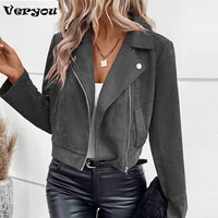 Fashion Slim Fit Short Jackets For Women Autumn Winter Turn Down Collar Long Sleeve Zipper Cardigan Coat New Style Women Tops