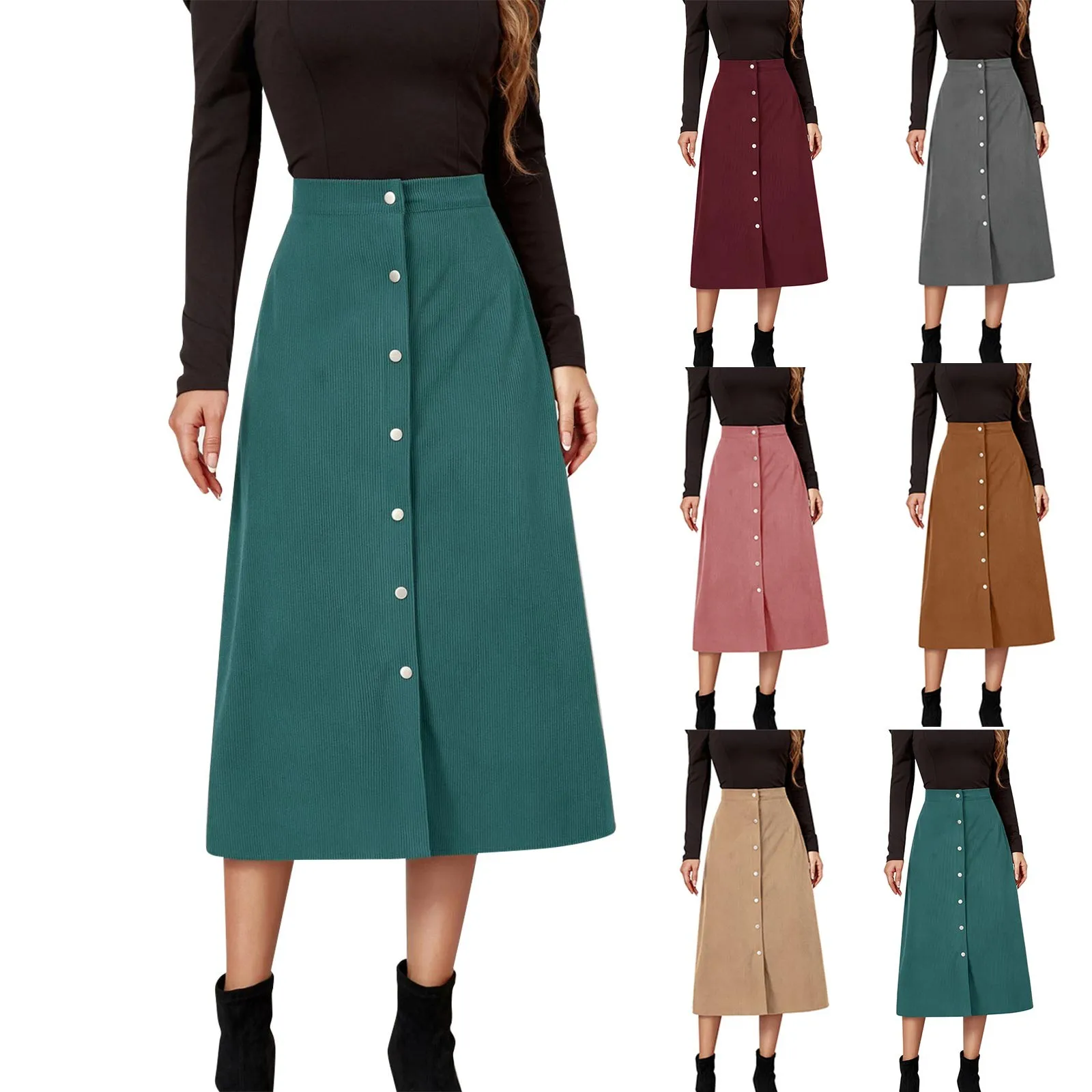 

Women's Long Skirt Solid High Waist Skirt Corduroy Hip Wrap Single Breasted Slim Fit Solid Skirt Autumn And Olive Bed Skirt