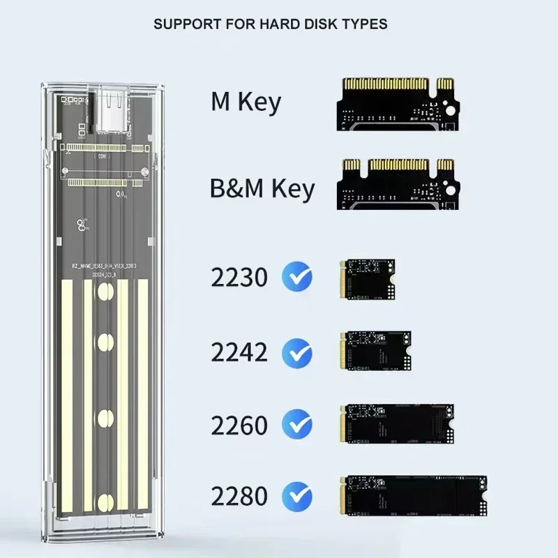 M.2 NVME PCIe Case NGFF SATA Protocol SSD Case Clear USB Type C 10Gbps PCI-E M2 SSD Transparent External Enclosure Hard Disk Box ssd enclosure