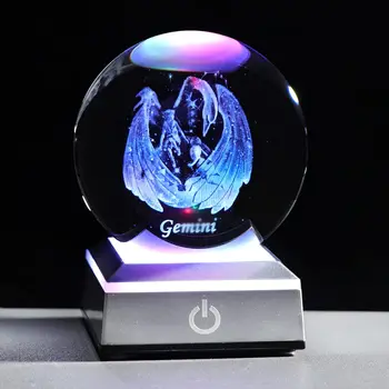 Gemini Gifts for Women 3D K9 80mm Crystal Ball with Silver LED Base Inner Etched Miniatured Constellation May June Birthday Gift 1