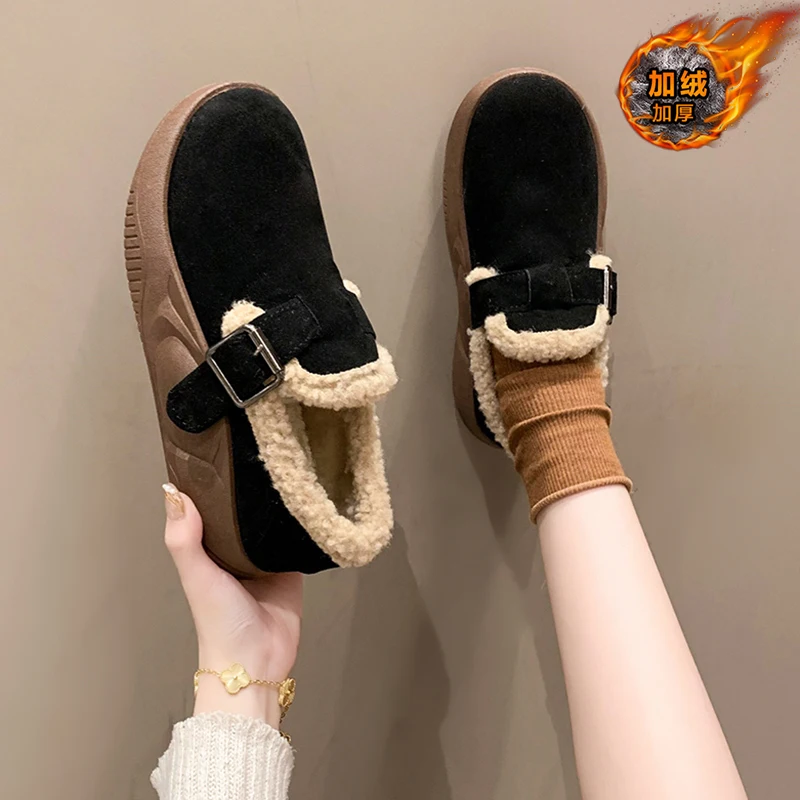 

Мокасины женские с закрытым носком, повседневные кроссовки, лоферы, меховые, плоская подошва, без застежки, без шнуровки, новая зимняя обувь