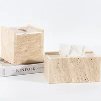 Rectangle and Square Natural Marble Tissue Box Vintage Beige Travertine Stone Storage Organization Case 1