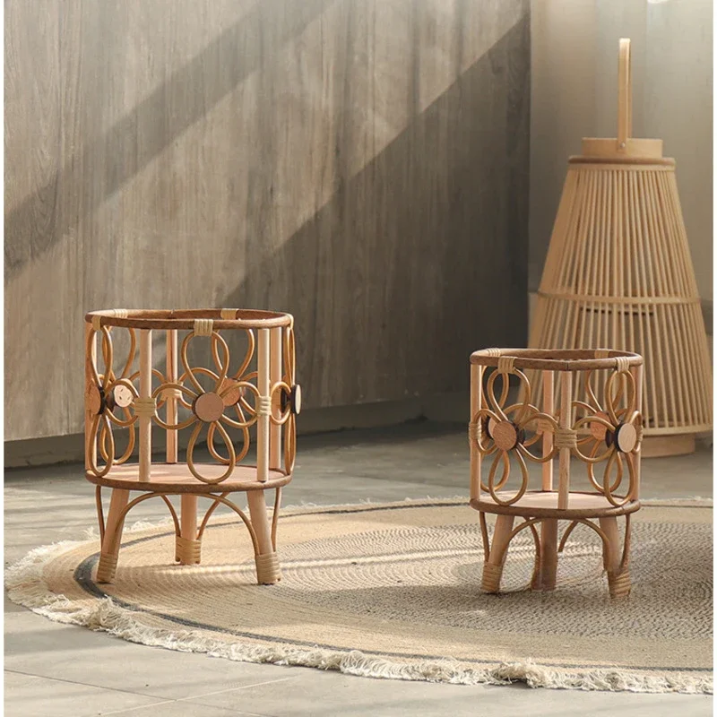 Rattan Weaving Pots for Plants Living Room Floor Plant Shelves, Balcony Decoration, Flower Stand, Versatile Scenes, Wooden Stand
