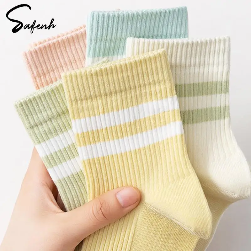 

1Pair Women Breathable Cotton Hip Hop Soild Socks Harajuku Skateboard Colorful Stripe Socks Student Sweat-absorbing Sports Socks