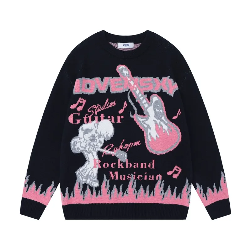 

Men's Hip Hop Vintage Knitted Pullover Street Apparel Anime Flame Jacquard Pullover 2023 Autumn Harajuku Cotton Casual Sweater