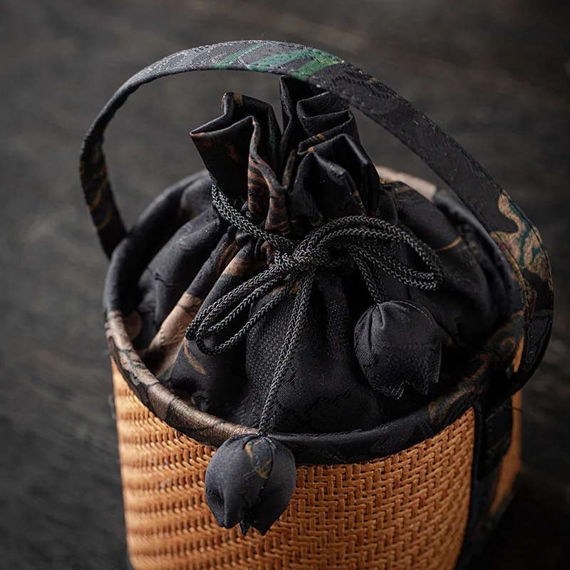 Rattan Pattern Small Bag,Travel, Outdoor Cover Bowl, Portable Organizer, Owner's Cup Teapot Bag, Spliced Drawstring Pocket 5