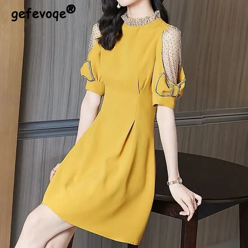 ElegantHollowOutMeshPatchworkBowZipperDressesSummer2023New