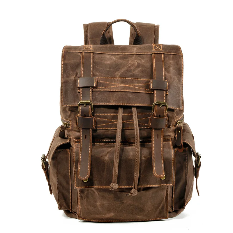 

Oil Wax Canvas Backpack Mens Travel Hiking Vintage Waterproof Backpack 15" Laptop Daypacks Bookbag Large Capacity