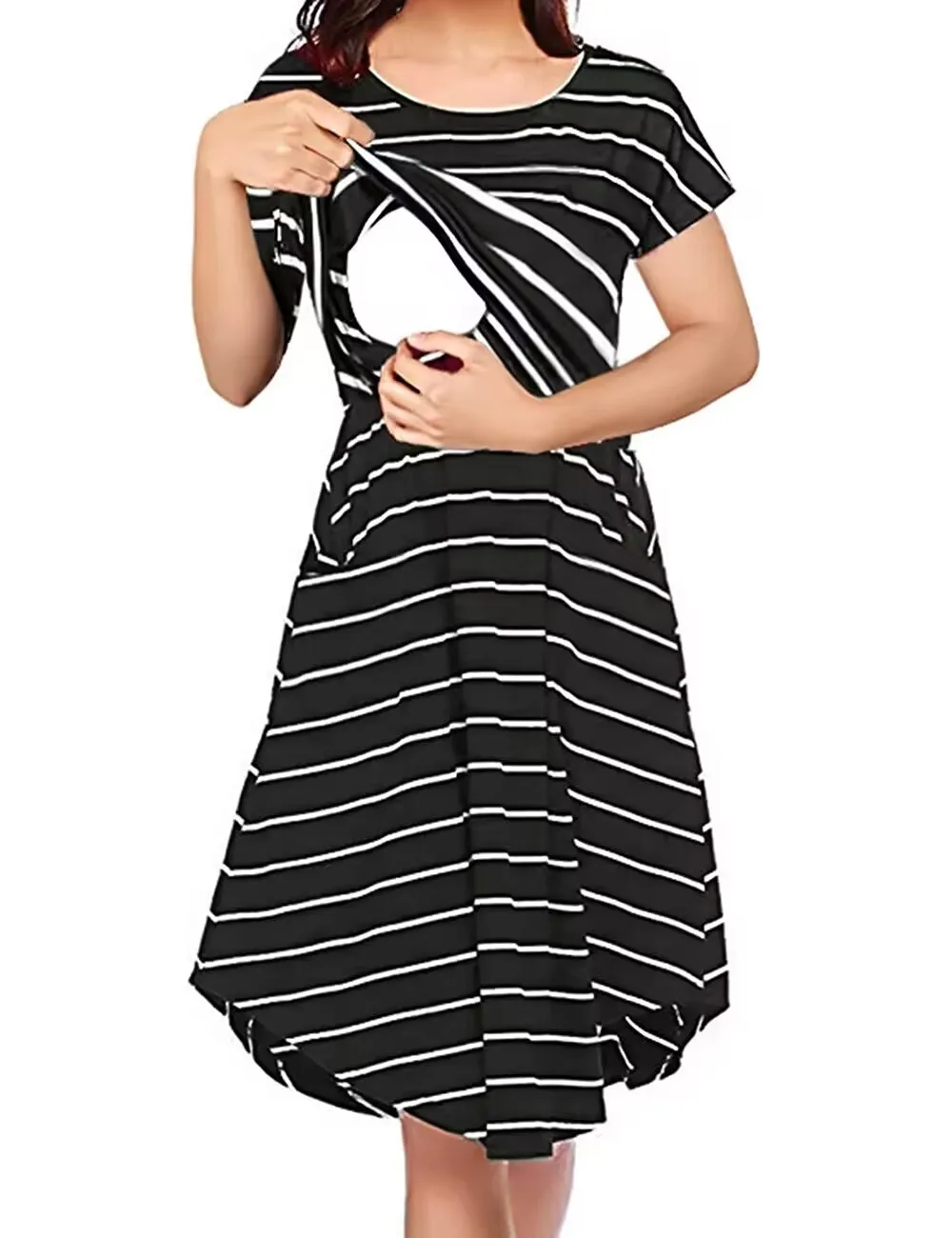 Black Striped Multifunctional Mother Breastfeed Dress/Pajamas