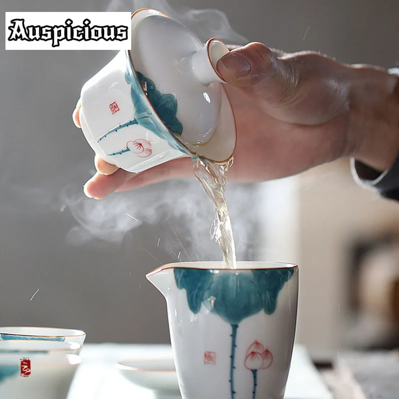 175ml Retro Ceramic Gaiwan Teacup Handmade Lotus Art Tea Tureen Boutique Tea Bowl Chinese Porcelain Teaware Accessorie Drinkware