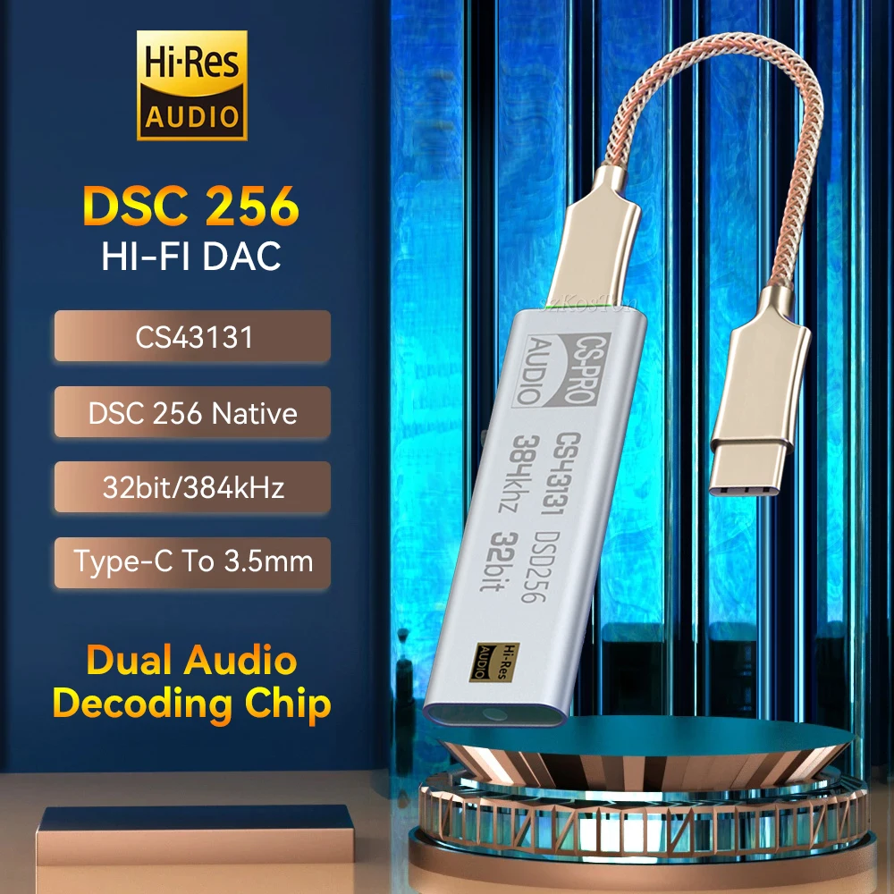 

ЦАП-усилитель для наушников CS43131 DSD256 USB Type C с аудиоинтерфейсом 3,5 мм для iPhone, ПК, Hi-Fi-адаптер, чип-усилитель