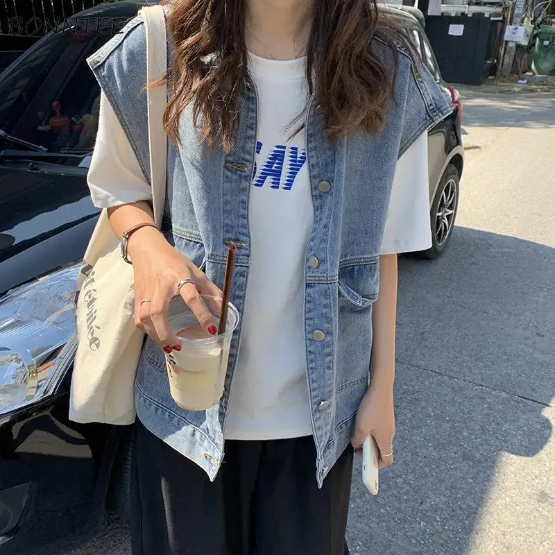 Women All-match Stylish Simple Denim Jackets Vests High Street Summer Chic Ladies Cargo Basic Sleeveless Pocket Outerwear Female