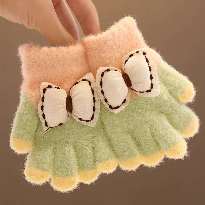 Boys Girls Winter Knitting Bowknot Bear Plush Soft Five Finger Gloves Children Outdoor Warm Gloves Kids Colors