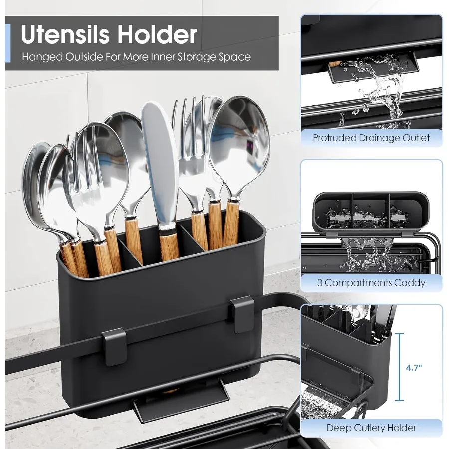 Dish Drainers for Kitchen Counter Large Capacity Dish Drying Rack with Drainboard Rustproof Sturdy Design Black Dish Rack Perfe