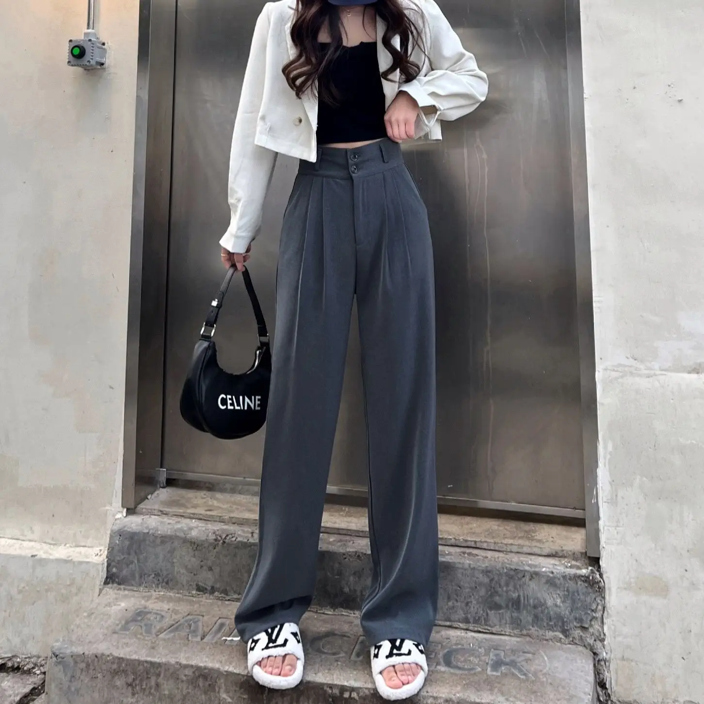 Womens Pants Office Clothing Work Trousers Woman Loose Wide Leg Tailoring High Waist Buttons Baggy Trends 2023 All Medium New In women clothing 2023 new arrivals women s blazer suede no buttons korean popular clothes blazers for womens outerwears woman coat