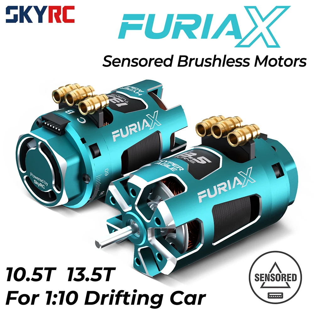 Moteur brushless sensor Hyper Agile 13.5T ou 10.5T pour drift 1/10, installé sur un châssis de voiture RC.