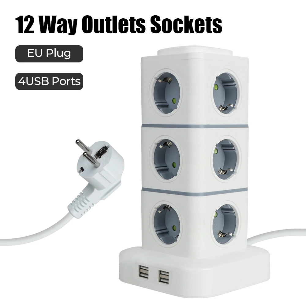 

5V 3.1A Tower 12 Way Outlets Socket 2.8m Extension Cord with 4 USB Overload Protector Switch Multi Power Strip Vertical EU Plug