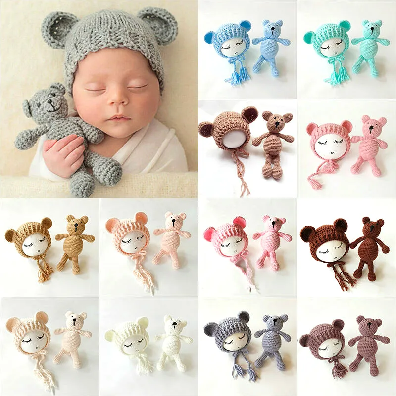 2PCS Newborn Photography Prop Baby Beanie Caps Dolls Toys Girls Boys Infant Baby Crochet Knitted Hat Photoshoot Accessories 1
