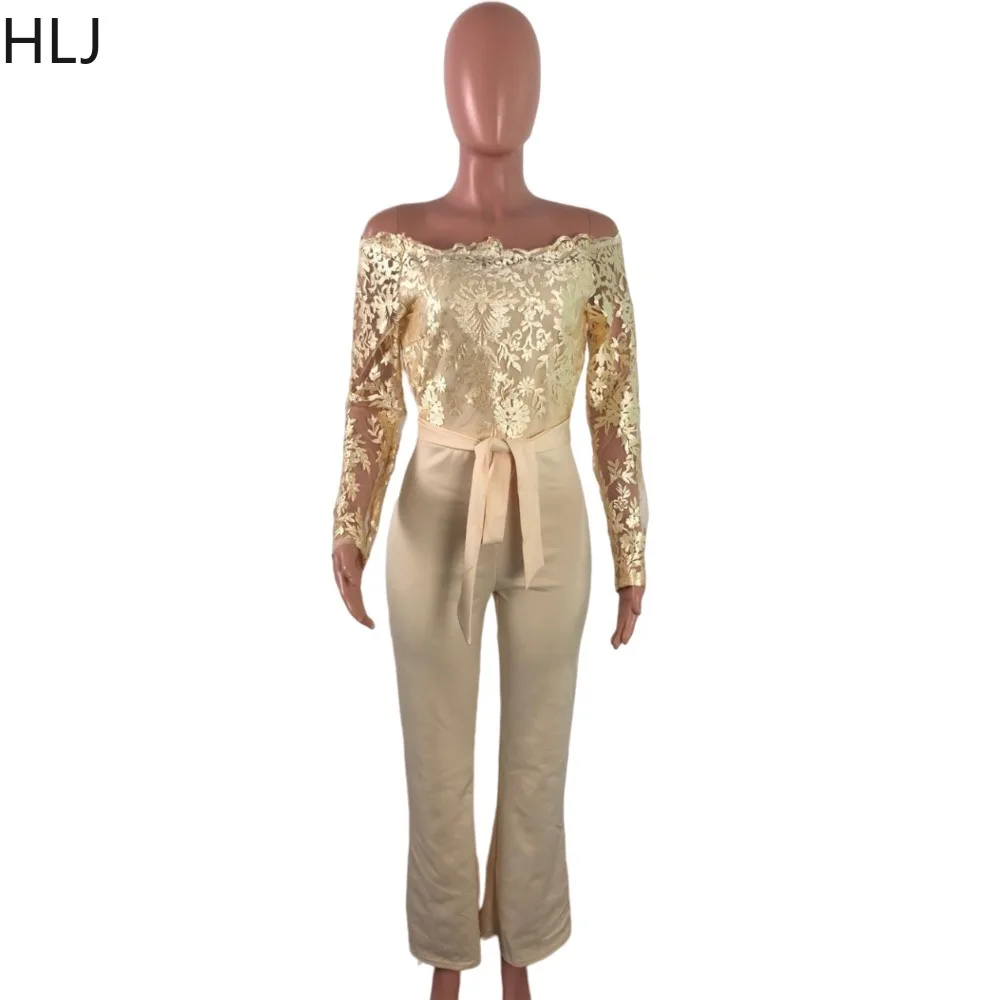 HLJ Fashion Off Shoulder Embroidery Bandage Jumpsuits Women Long Sleeve Wide Leg Pants One Piece Playsuits Elegant OL Overalls