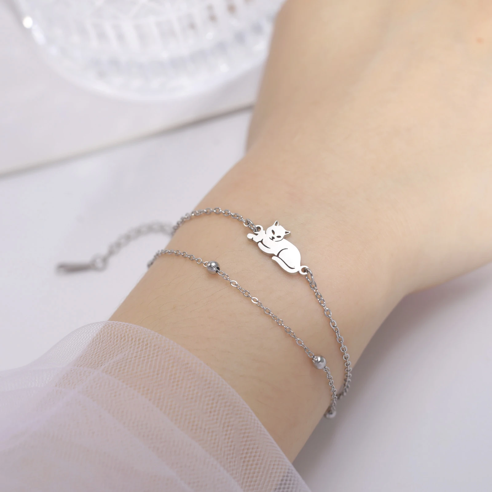 Stainless Steel Gold Color Cat Charm Bracelet for Girls' Braided Rope Bracelets - PeticaDeals
