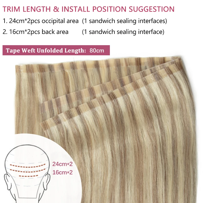 #P18-613 Seamless Tape Weft Long PU Skin Weft Tape in Human Extensions No Glue Natural Human Hair For Fine Hair 80cm Long