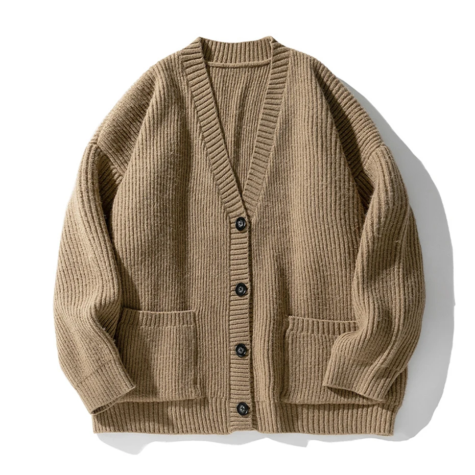 

2023 Men Sweater Black Beige Loose Knitted Cardigans Autumn Winter Solid Sweater