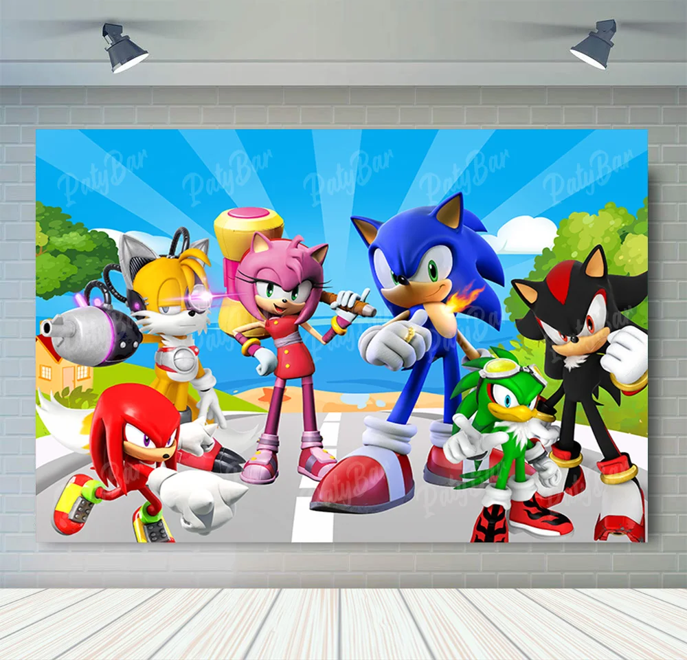 thumbnail image 1 of Fondo de fotografía de Sonic, el erizo de velocidad, héroe corredor, fondo de fotografía de dibujos animados para cumpleaños de niños, accesorios de vinilo de poliéster rojo y azul, 1 of 5